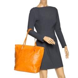 Pre Owned Furla Orange Ostrich Embossed Leather Shopper Tote