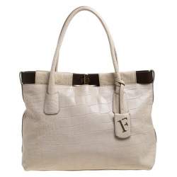 Pre Owned Furla Cream/Brown Croc Embossed Leather Tote