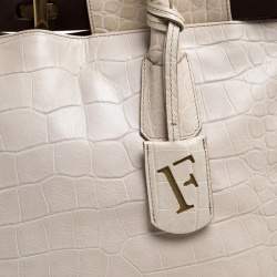 Pre Owned Furla Cream/Brown Croc Embossed Leather Tote