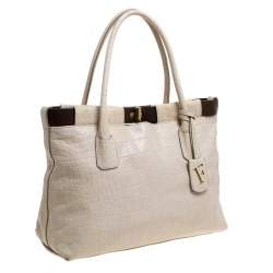 Pre Owned Furla Cream/Brown Croc Embossed Leather Tote
