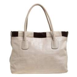 Pre Owned Furla Cream/Brown Croc Embossed Leather Tote