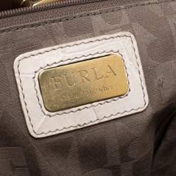 Pre Owned Furla Cream/Brown Croc Embossed Leather Tote