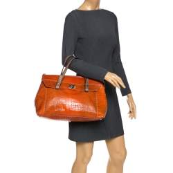 Pre Owned Furla Orange/Brown Croc Embossed Leather Satchel 