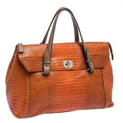 Pre Owned Furla Orange/Brown Croc Embossed Leather Satchel 