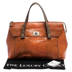 Pre Owned Furla Orange/Brown Croc Embossed Leather Satchel 
