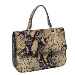 Pre Owned Furla Cream/Black Python Effect Leather Flap Top Handle Bag