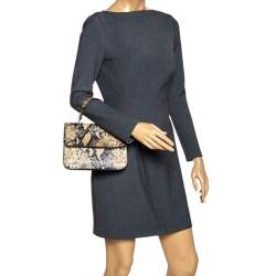 Pre Owned Furla Cream/Black Python Effect Leather Flap Top Handle Bag