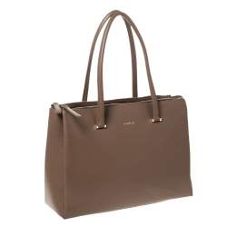 Pre Owned Furla Dark Beige Leather Double Zip Tote