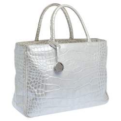 Pre Owned Furla Silver Croc Embossed Leather Tote