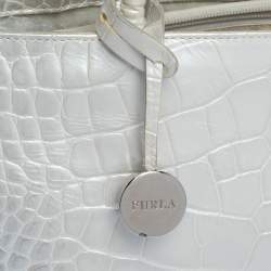 Pre Owned Furla Silver Croc Embossed Leather Tote