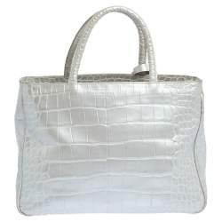 Pre Owned Furla Silver Croc Embossed Leather Tote