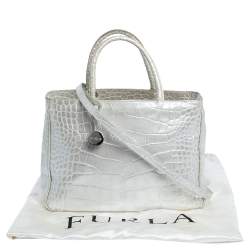 Pre Owned Furla Silver Croc Embossed Leather Tote