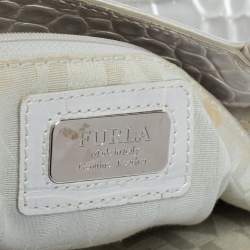 Pre Owned Furla Silver Croc Embossed Leather Tote