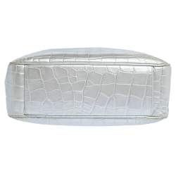 Pre Owned Furla Silver Croc Embossed Leather Tote