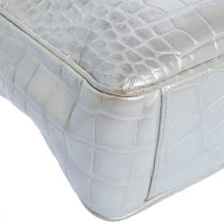 Pre Owned Furla Silver Croc Embossed Leather Tote