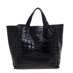 Pre Owned Furla Black Croc Embossed Leather Tote
