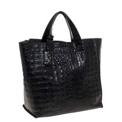 Pre Owned Furla Black Croc Embossed Leather Tote