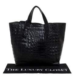 Pre Owned Furla Black Croc Embossed Leather Tote