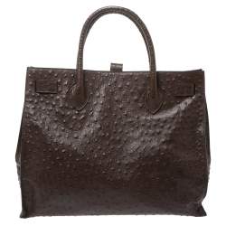 Pre Owned حقيبة يد فورلا غريتا كبيرة جلد نقش نعام بنية