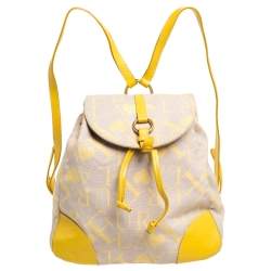 Pre Owned Furla Beige/Yellow Signature Canvas and Leather Flap Backpack