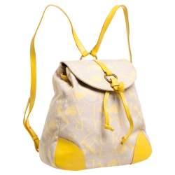 Pre Owned Furla Beige/Yellow Signature Canvas and Leather Flap Backpack