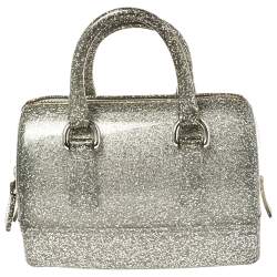 Pre Owned Furla Silver Glitter Rubber Mini Candy Satchel