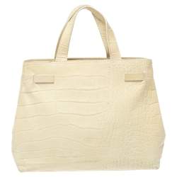 Pre Owned Furla Light Cream Croc Embossed Leather Presslock Tote