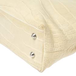 Pre Owned Furla Light Cream Croc Embossed Leather Presslock Tote