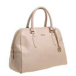 Pre Owned Furla Light Beige Leather Logo Satchel