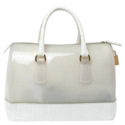 Pre Owned Furla White Rubber and Croc Embossed Leather Medium Candy Satchel