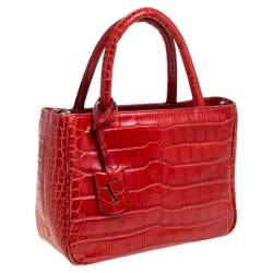 Pre Owned Furla Red Croc Embossed Leather Middle Zip Tote 