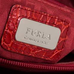 Pre Owned Furla Red Croc Embossed Leather Middle Zip Tote 