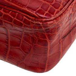 Pre Owned Furla Red Croc Embossed Leather Middle Zip Tote 