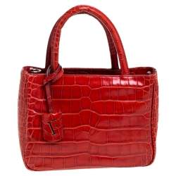 Pre Owned Furla Red Croc Embossed Leather Middle Zip Tote 