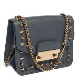 Pre Owned Furla Blue Studded Leather Julia Crossbody Bag