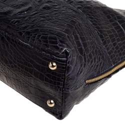 Pre Owned Furla Navy Blue Croc Embossed Leather Side Zip Tote