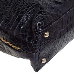 Pre Owned Furla Navy Blue Croc Embossed Leather Side Zip Tote