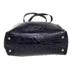 Pre Owned Furla Navy Blue Croc Embossed Leather Side Zip Tote