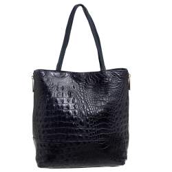 Pre Owned Furla Navy Blue Croc Embossed Leather Side Zip Tote