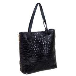 Pre Owned Furla Navy Blue Croc Embossed Leather Side Zip Tote