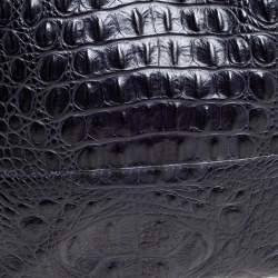 Pre Owned Furla Navy Blue Croc Embossed Leather Side Zip Tote