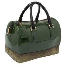 Pre Owned Furla Green Rubber and Pyhton Embossed Leather Medium Candy Satchel