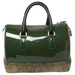 Pre Owned Furla Green Rubber and Pyhton Embossed Leather Medium Candy Satchel