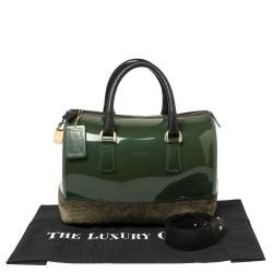 Pre Owned Furla Green Rubber and Pyhton Embossed Leather Medium Candy Satchel
