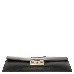 Pre Owned Furla Black Leather Envelope Metropolis Wristlet Clutch