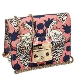 Pre Owned Furla Multicolour Peacock Print Leather Mini Metropolis Crossbody Bag