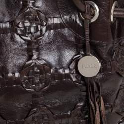 Furla Dark Brown Woven Leather Shoulder Bag