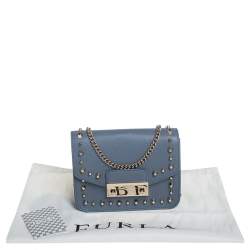 Pre Owned Furla Blue Leather Mini Studded Metropolis Chain Crossbody Bag