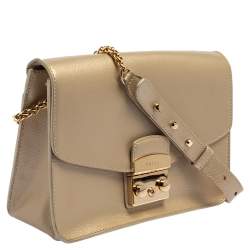 Pre Owned Furla Metallic Beige Leather Metropolis Shoulder Bag