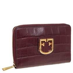 Pre Owned Furla Burgundy Croc Embossed Leather Zip Around Wallet.